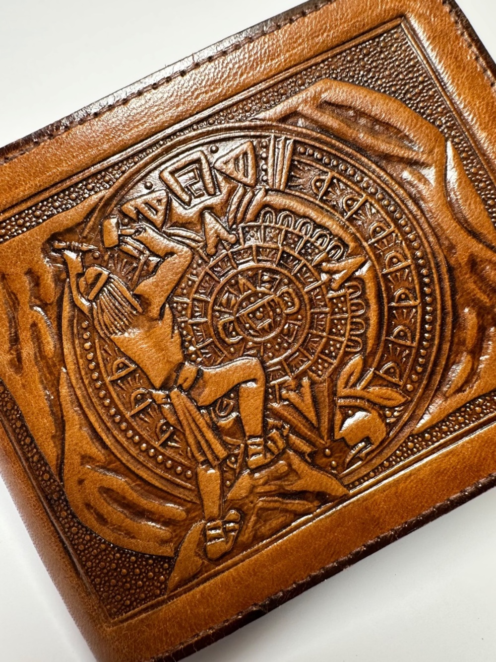 Tooled Leather Wallet | Aztec Calendar Mexico | Hand Tooled Brown Bifold